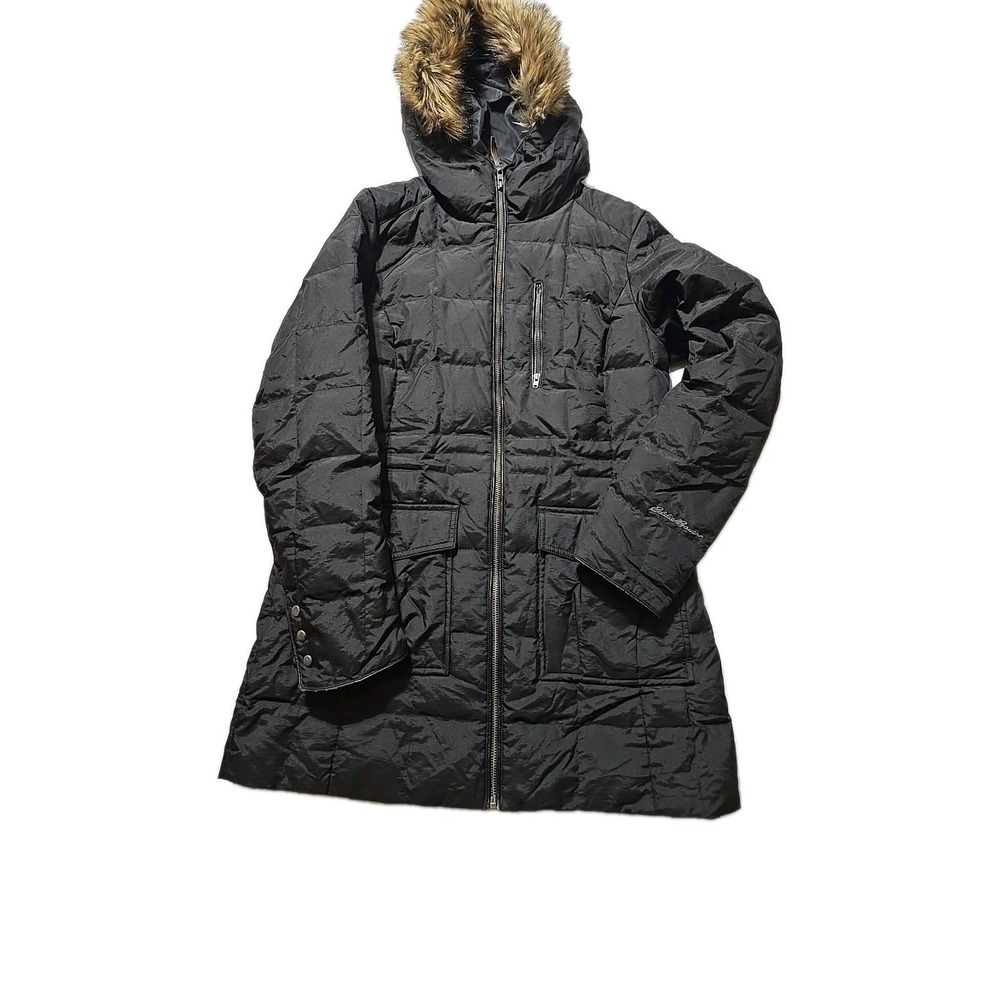 Eddie Bauer Womens Small Faux Fur Hood Black Jacket Coat Mid Length
